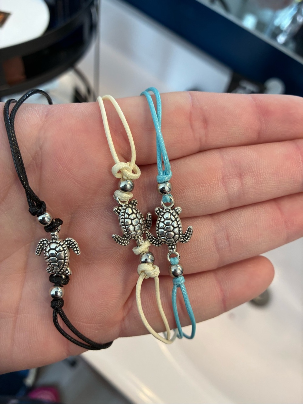 Kids Turtle Charm Bracelet - Black, Cream & Blue Cord